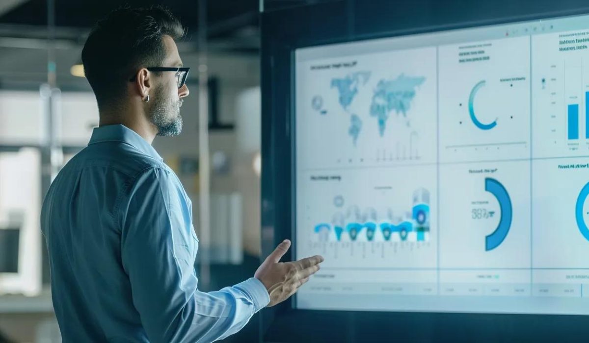 a sleek modern office setting featuring a confident business professional presenting a dynamic digital infographic on a large screen, emphasizing the strategic importance of off-page seo for business growth and website visibility.