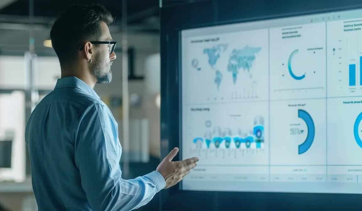 a sleek modern office setting featuring a confident business professional presenting a dynamic digital infographic on a large screen, emphasizing the strategic importance of off-page seo for business growth and website visibility.