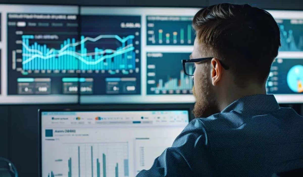 a sleek, modern office setting showcases a business professional analyzing off-page optimization strategies on a vibrant digital dashboard, with dynamic graphs and metrics displayed on large screens, emphasizing a high-energy and competitive atmosphere.