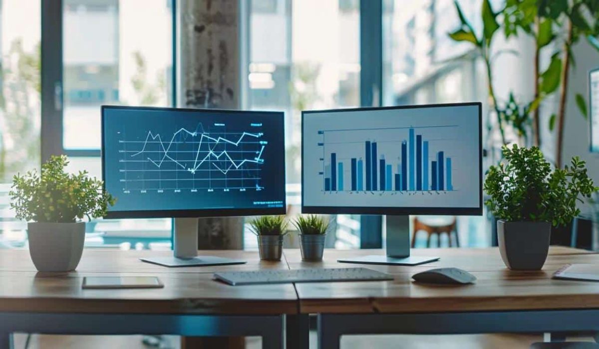 a sleek, modern office workspace features two contrasting digital displays side by side—one showcasing intricate on-page seo analytics and the other illustrating dynamic off-page seo strategies—highlighting the key differences in an engaging, professional environment.